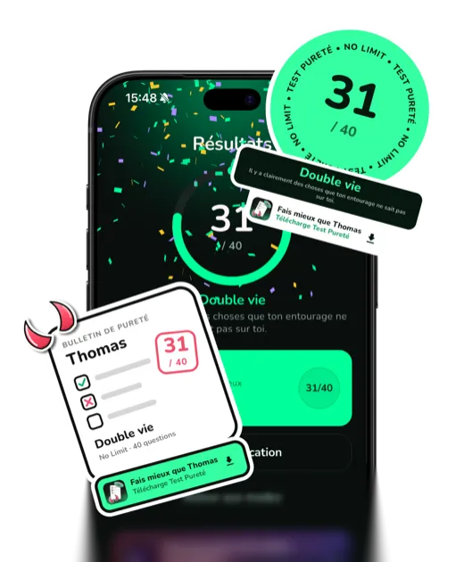 Purity Test app: result screen with the score and the shareable card