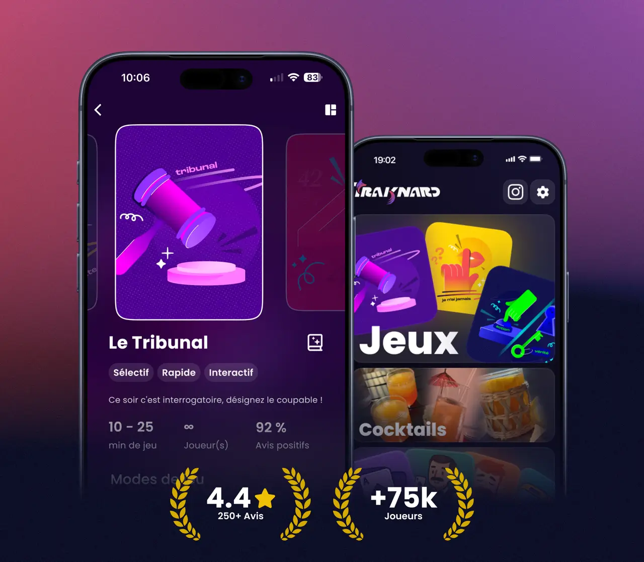 L'application Traknard sur iPhone : la fiche du jeu Le Tribunal et l'écran de sélection des jeux